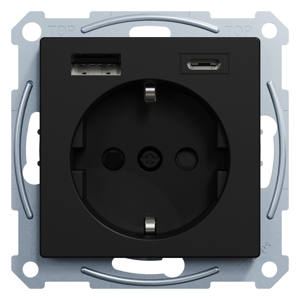 Steckdose 1f sw mt 1USB-A 1USB-C UP m.BS Mit erhöhtem Berührungsschutz IP20