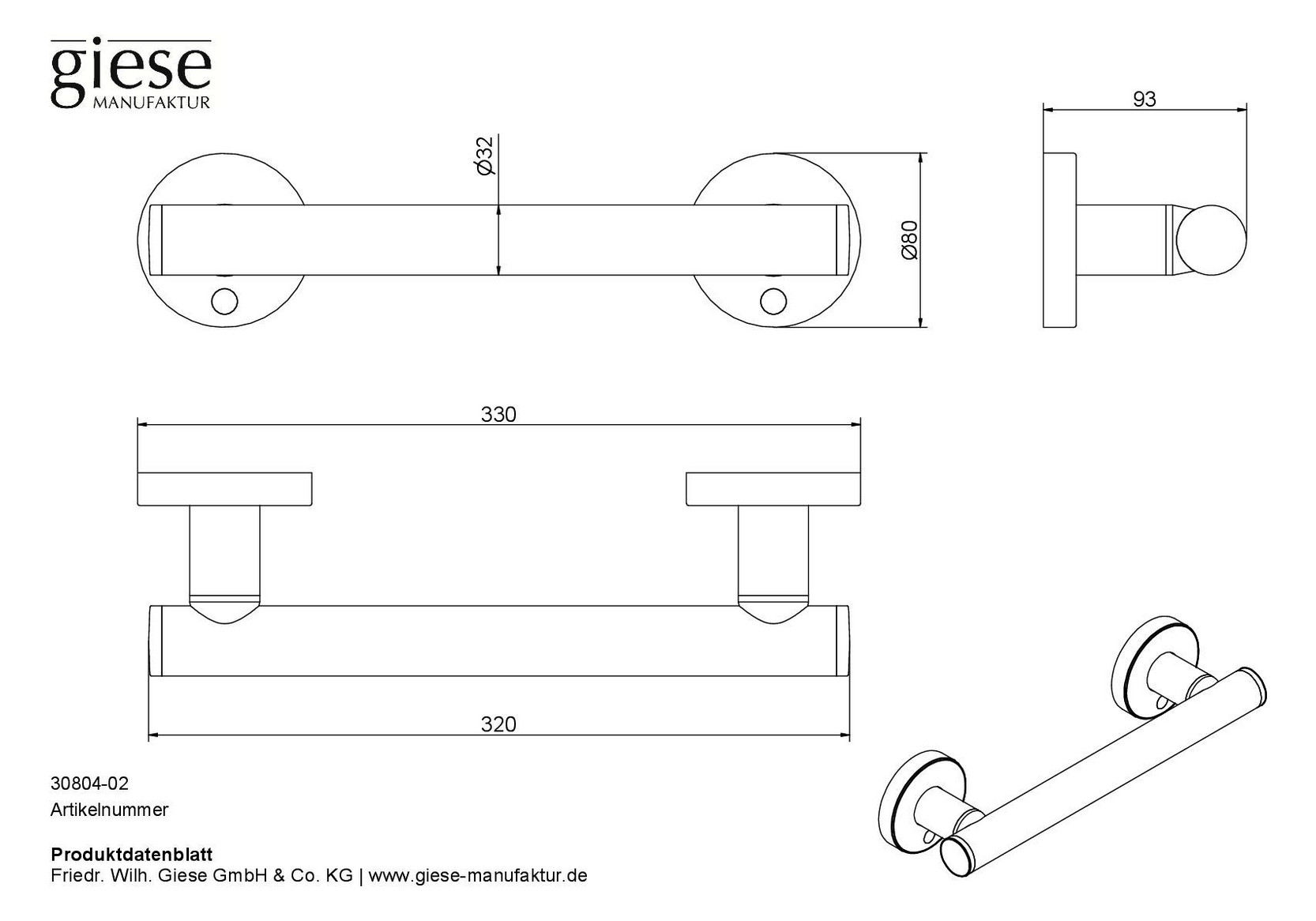 Giese Haltegriff für Dusche und Wand 330x80x93mm, verchromt