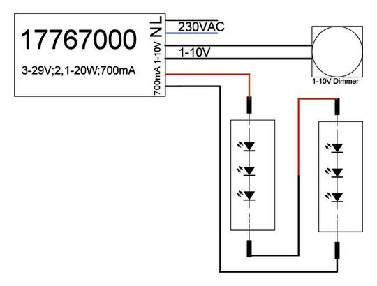 LED-Steuerung 2,1-20W 700mA 28,5V IP20 1-10V Dimmung 1-10 V Kstgeh dyn