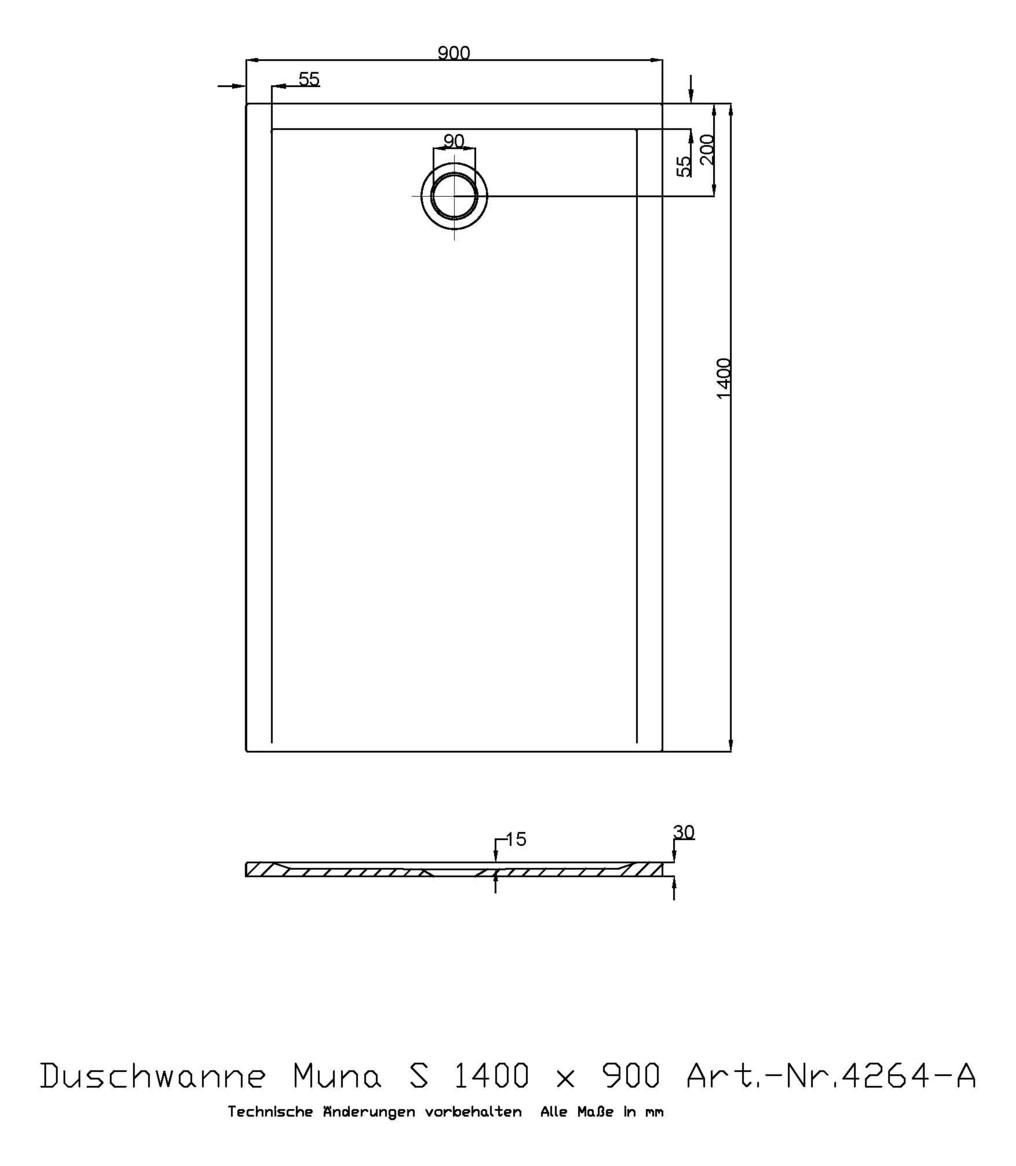 Hoesch Mineralguss-Duschwanne Muna S 140 x 90 x 3 cm, weiß, ohne Antirutsch