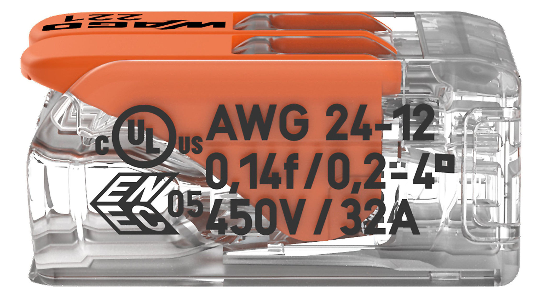 Steckklemme 2f 450V 32A Serie 221 0-4qmm m.BetätiHebel f.Massivleiter