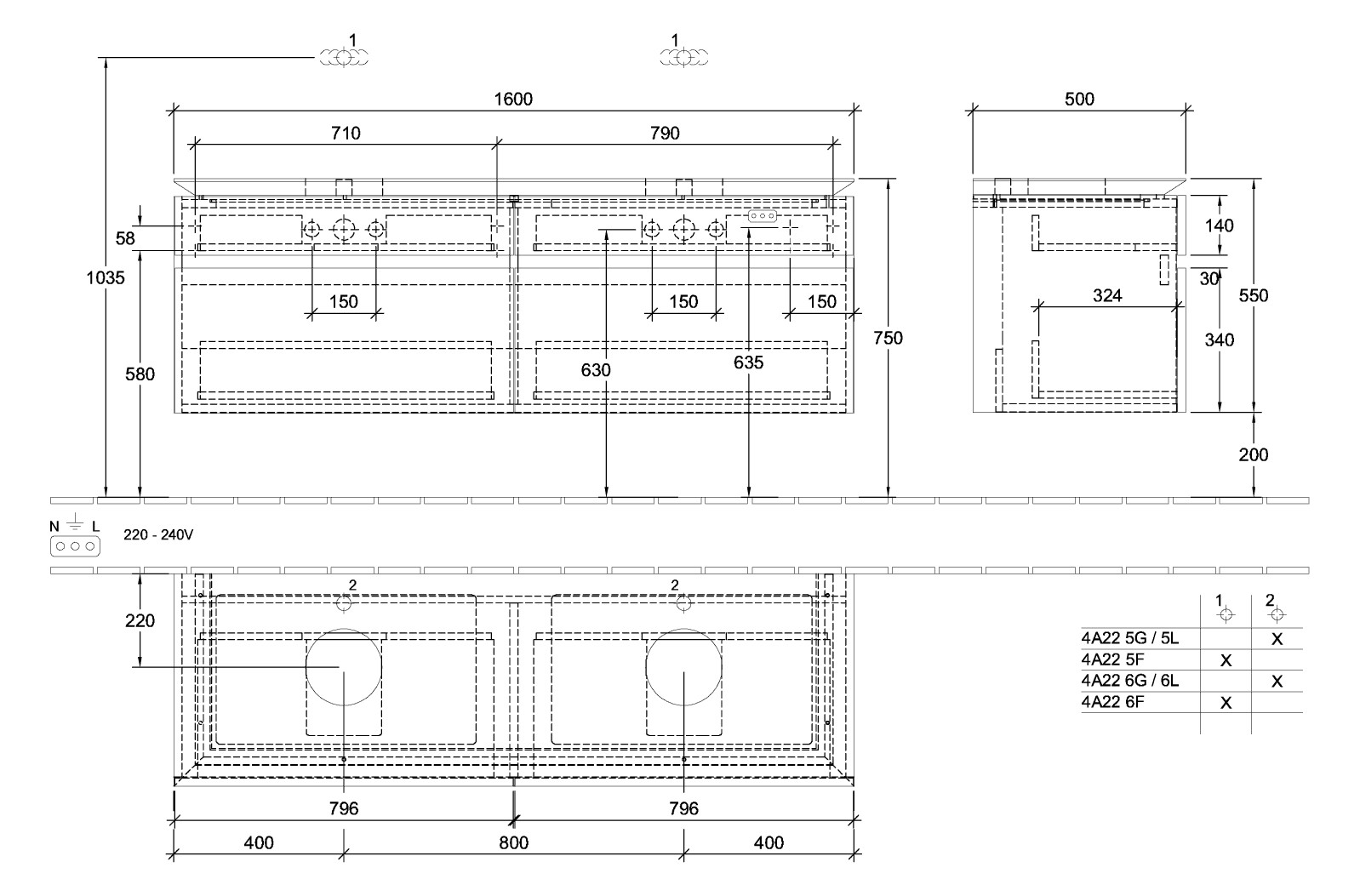 V&B Waschtischunterschrank Legato 160x55x50cm, für 2 Waschtische, Arizona Oak