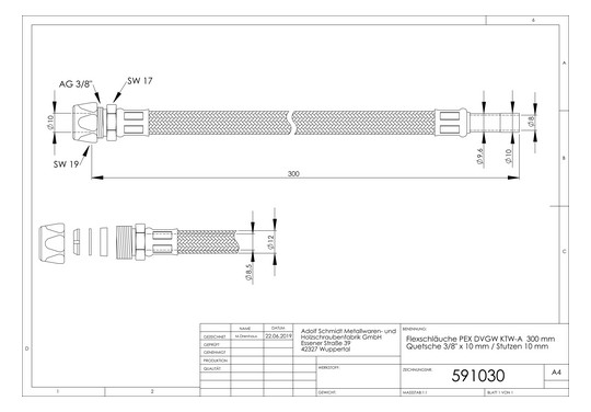 ASW Flex-Trinkwasserschlauch 300 mm, 3/8"x10mm Quetschverschraubung, 10mm Rohrstutzen