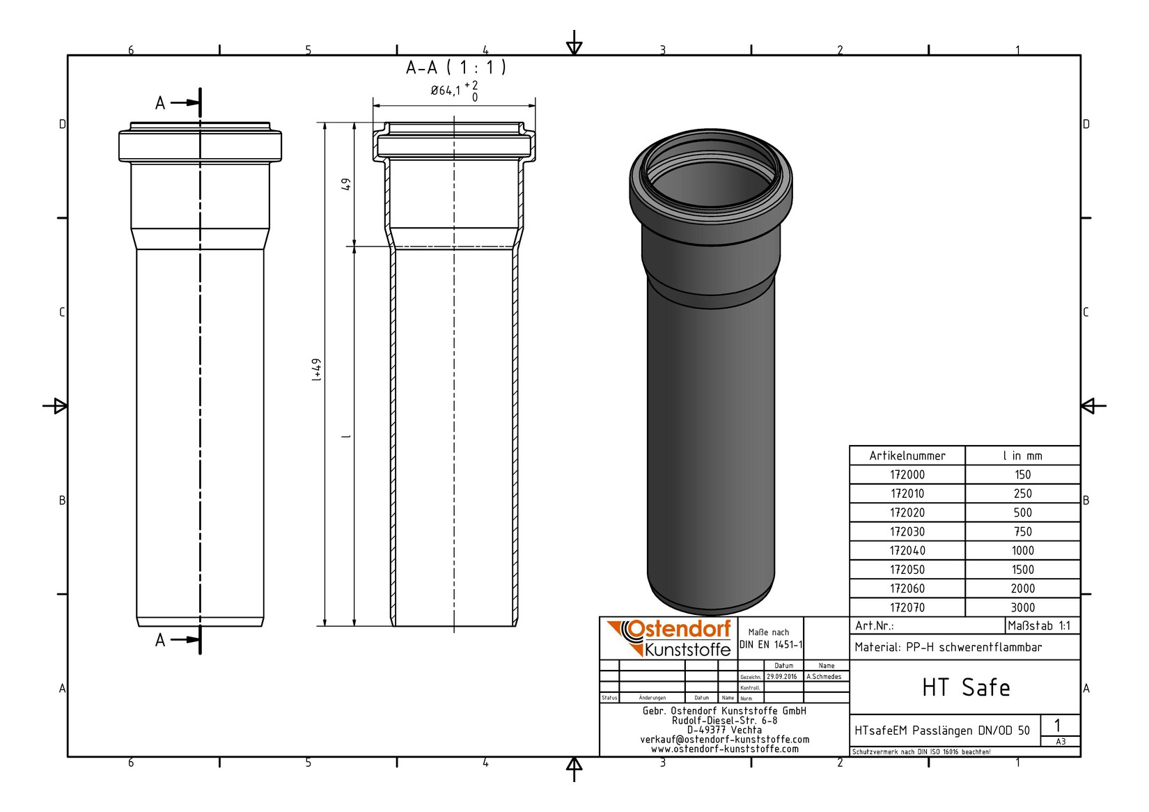 Ostendorf HTsafe Rohr EM DN/OD 50, 1000 mm