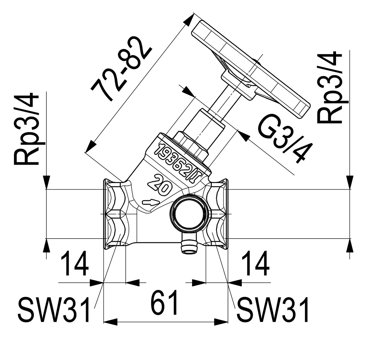 Schlösser Schrägsitzventil 1410 DN 20, Rp 3/4, mit Entleerung, steigende Spindel