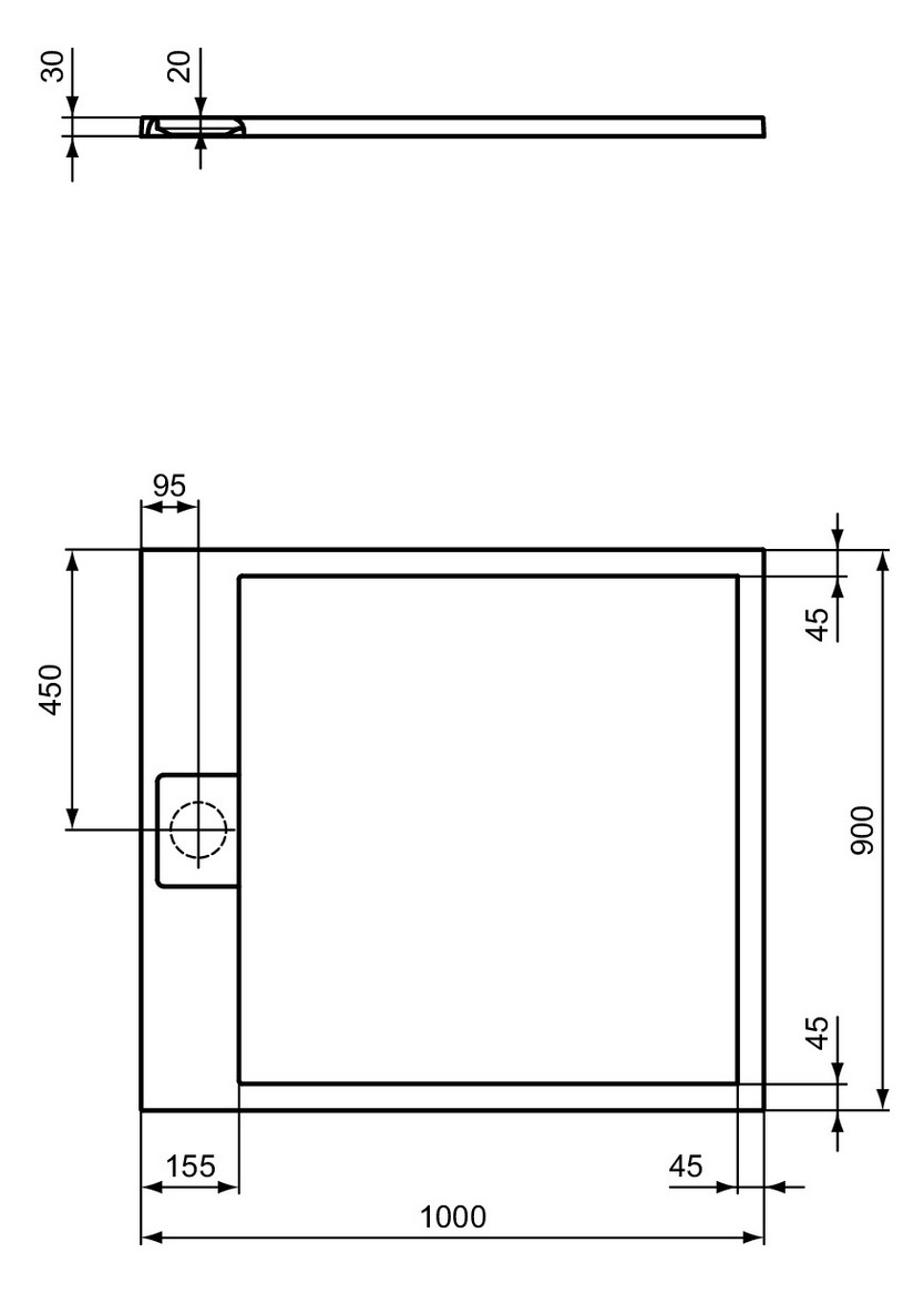Ideal-Standard Rechteck-Brausewanne Ultra Flat S i.life 100 x 90 x 3 cm, Schiefer, Aufbauhöhe 30mm
