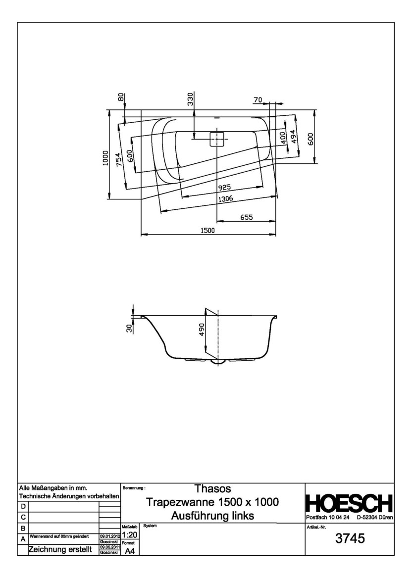 Hoesch Badewanne Thasos Trapez weiß, 150 x 100 cm, 200 l, linke Ausführung