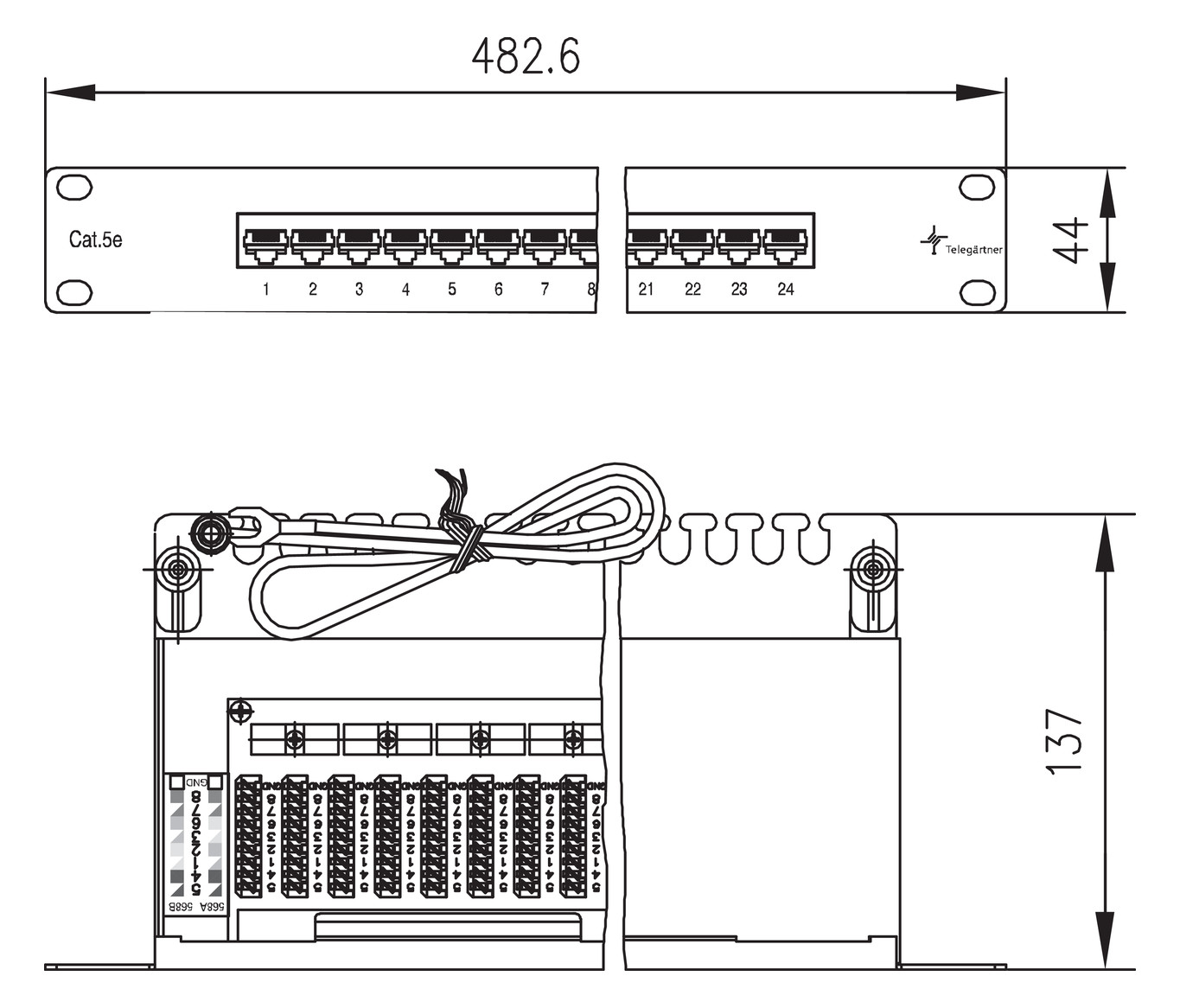 Patchpanel 24Ports 1HE Cat5E 44x482x137mm 19Zoll-Einbau