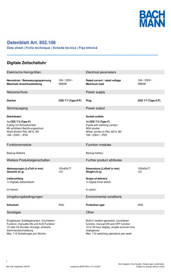 Bachmann Digitale Zeitschaltuhr 852.108 