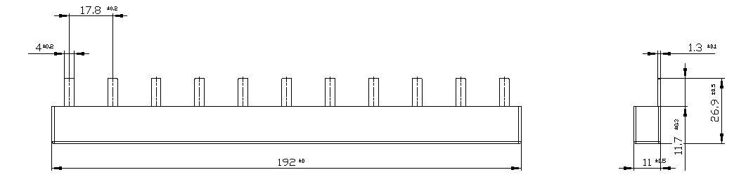 Phasenschiene 3ph 18mm 192mm 10qmm 50A Stift Isoliert