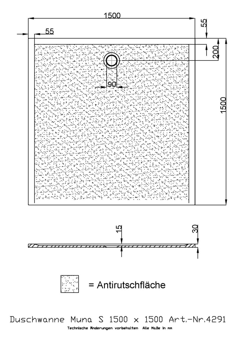 Hoesch Mineralguss-Duschwanne Muna 150 x 150 x 3 cm, weiß, Solique, Antirutsch