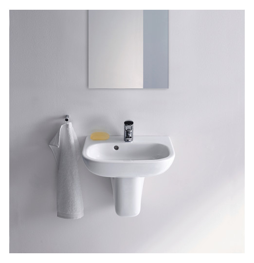 Duravit Handwaschbecken D-Code 45x34cm, mit Hahnloch, Überlauf, Hahnlochbank, weiß