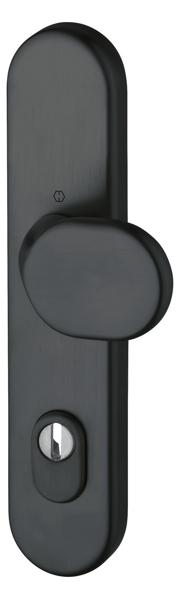 Bild HOPPE Sicherheits-Halbgarnitur M86G/3332ZA, Langschild oval, 15mm, ES 1, mit Zylinderabdeckung, Profilzylinder gelocht, Entfernung 92mm, Vierkant 10mm, Türstärke 67-72mm, schwarz satiniert-Resista®-0