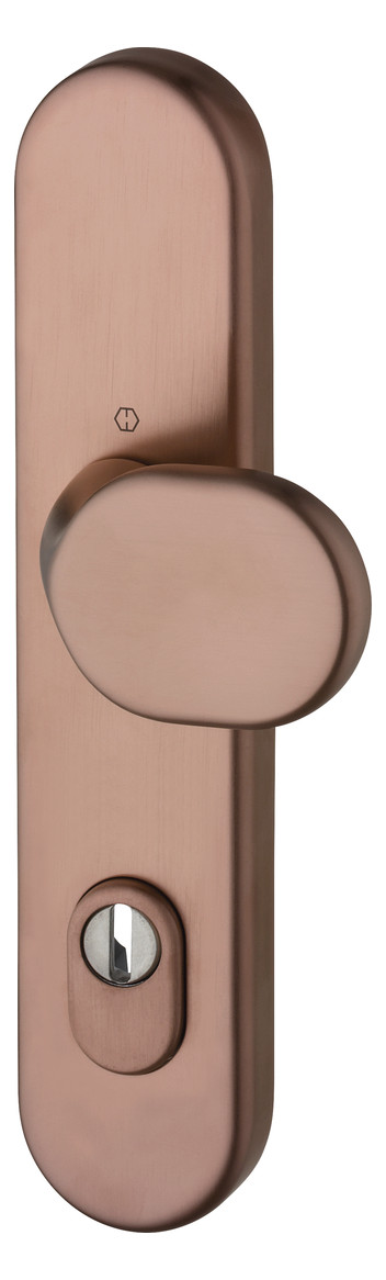 Bild HOPPE Sicherheits-Halbgarnitur M86G/3332ZA, Langschild oval, 15mm, ES 1, mit Zylinderabdeckung, Profilzylinder gelocht, Entfernung 92mm, Vierkant 10mm, Türstärke 67-72mm, kupferfarben satiniert-Resista®-0