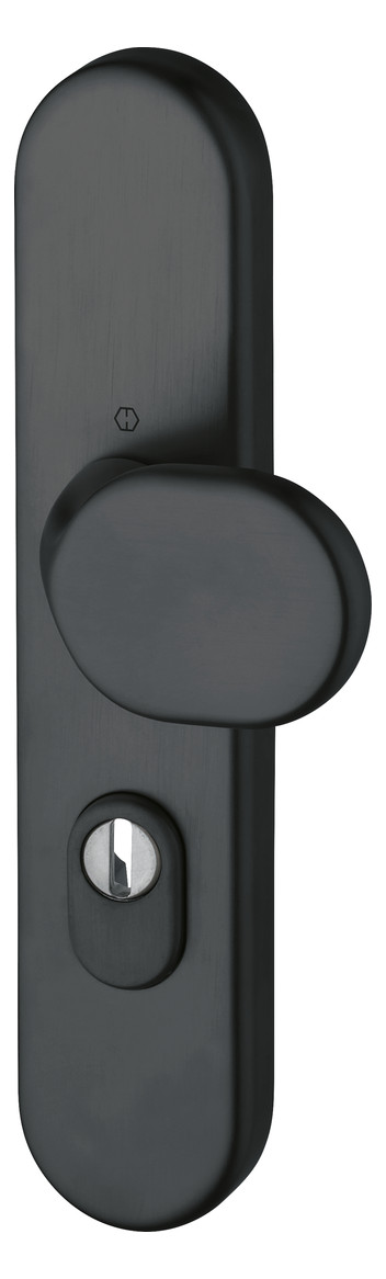 Bild HOPPE Sicherheits-Halbgarnitur M86G/3332ZA, Langschild oval, 15mm, ES 1, mit Zylinderabdeckung, Profilzylinder gelocht, Entfernung 72mm, Vierkant 8mm, Türstärke 42-47mm, schwarz satiniert-Resista®-0
