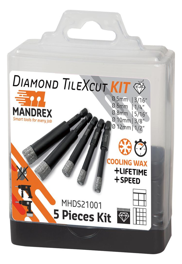 Bild Diamant Zentrierbohr. Set TileXCut 5tlg. D5,6,8,10,12mm Mandrex - MANDREX Smart tools for every job-0