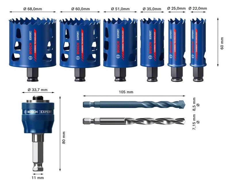 Bild Lochsägen-Set EXPERT 22/25/35/51/60/68mm Bosch 9-teilig ToughMaterial-2