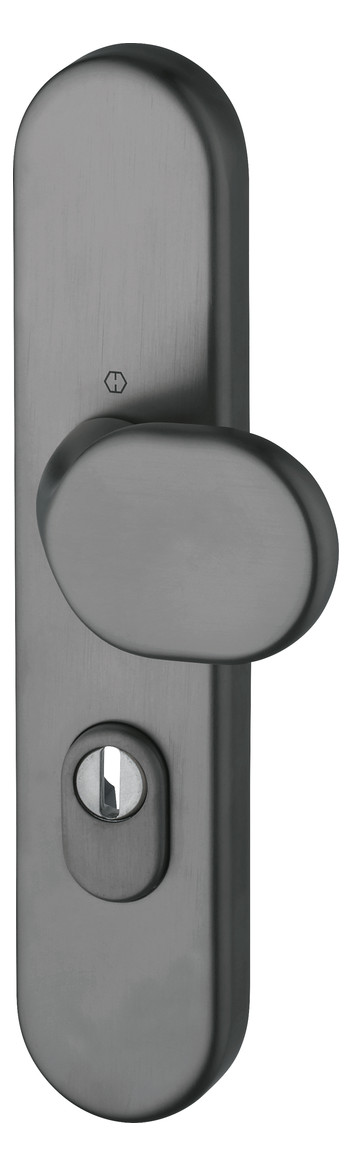 Bild HOPPE Sicherheits-Halbgarnitur M86G/3332ZA, Langschild oval, 15mm, ES 1, mit Zylinderabdeckung, Profilzylinder gelocht, Entfernung 72mm, Vierkant 8mm, Türstärke 42-47mm, anthrazitfarben satiniert-Resista®-0