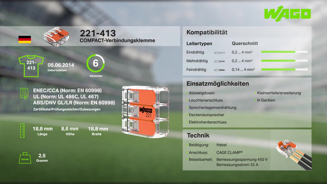 Steckklemme 2f 450V 32A Serie 221 0-4qmm m.BetätiHebel f.Massivleiter