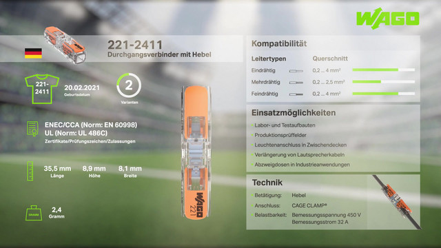 Steckklemme 2f 450V 32A Serie 221 0,2-4qmm m.BetätiHebel f.Massivleiter