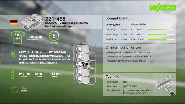 Steckklemme 3f 450V 32A Serie 221 0,14-4qmm m.BetätiHebel f.Massivleiter
